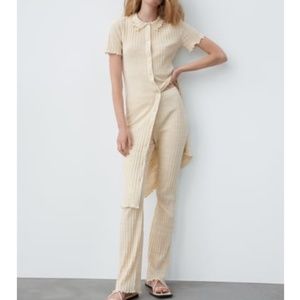 Zara ecru beige ribbed polo midi dress and flare pants coord set NWT